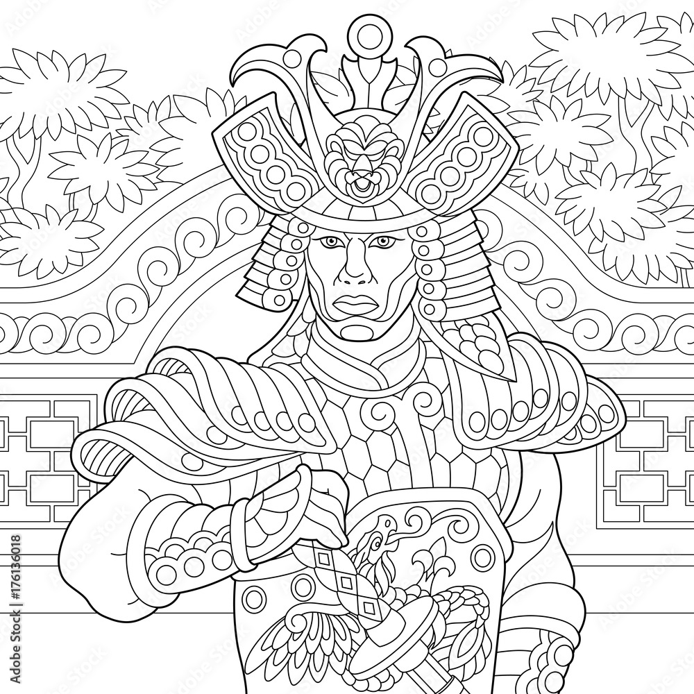 Coloring page of japanese samurai with katana sword freehand sketch drawing for adult antistress coloring book in zentangle style vector