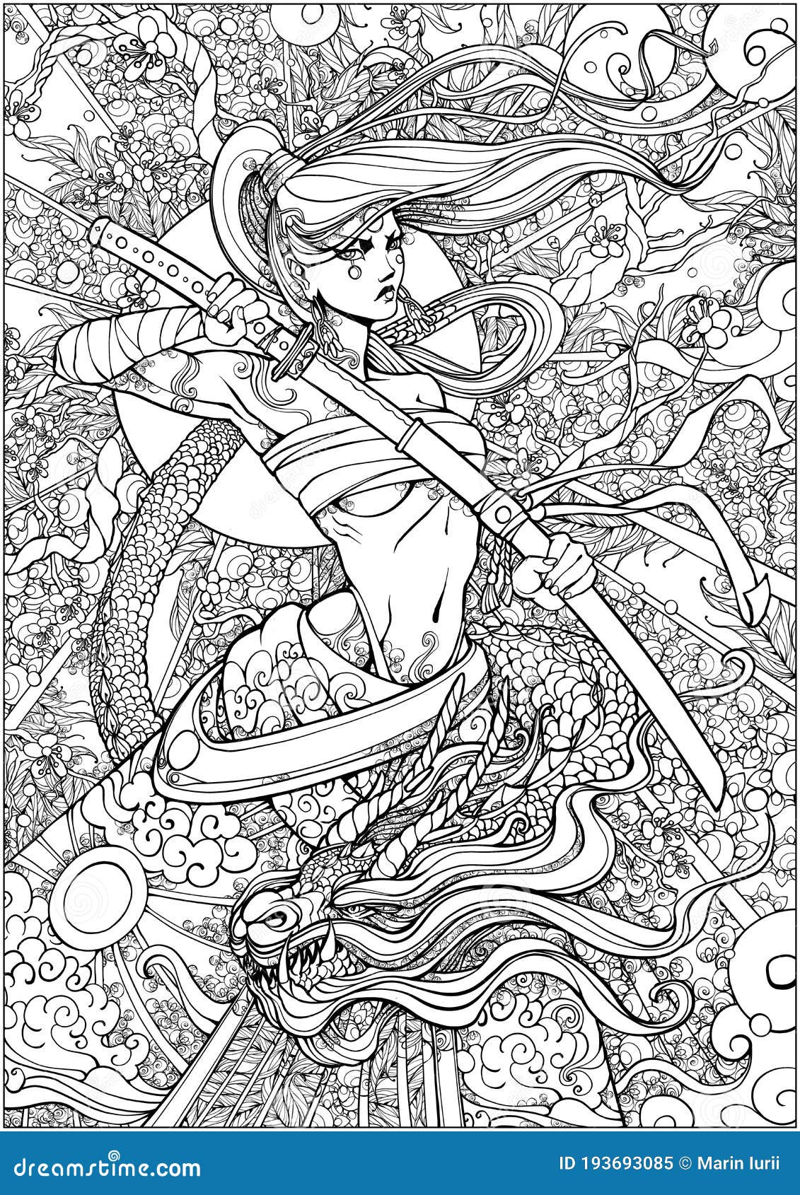 Coloring page for adults female samurai with a katana and a dragon stock illustration