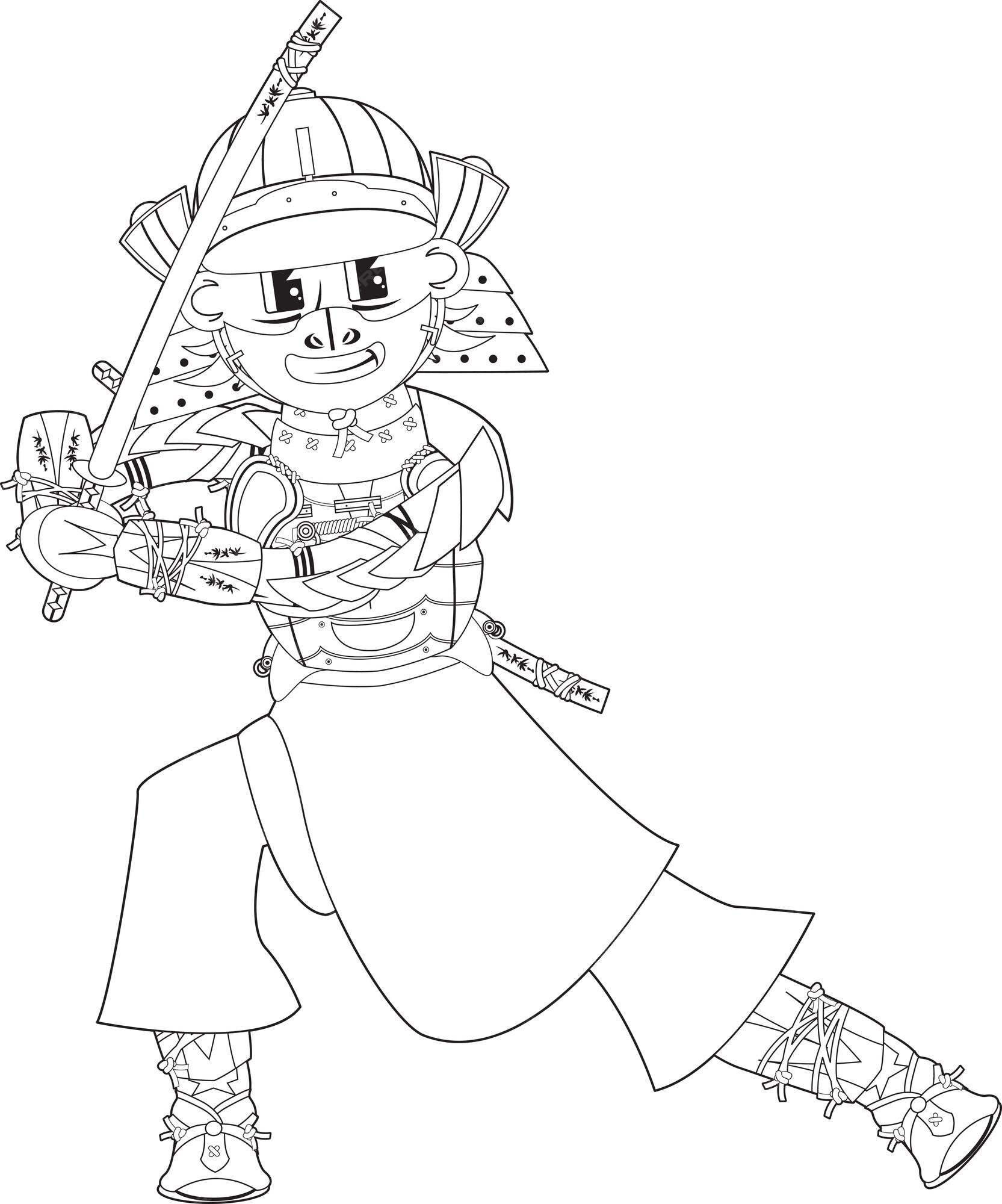 Premium vector cartoon japanese samurai warrior with katana sword colouring in history illustration