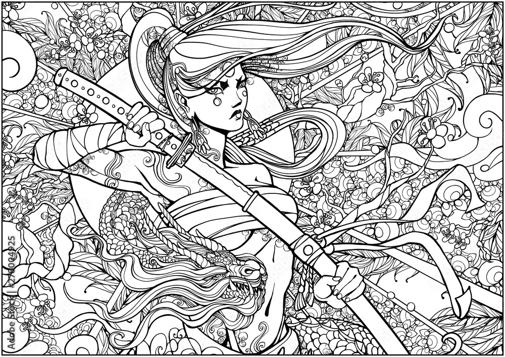 Coloring page for adults female samurai with a katana and a dragon twining around her illustration