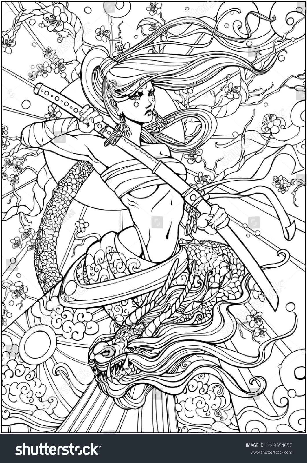 Coloring page adults female samurai katana stock illustration