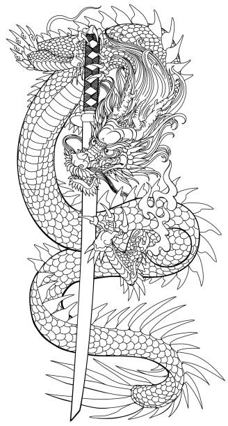 A japanese dragon with a katana sword outline stock illustration