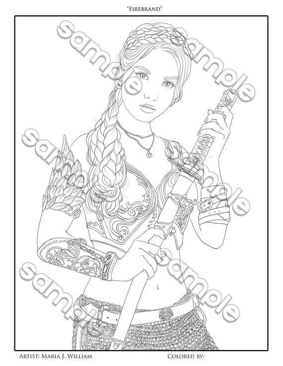 Warrior girl with katana coloring page by maria j william instant pdf download