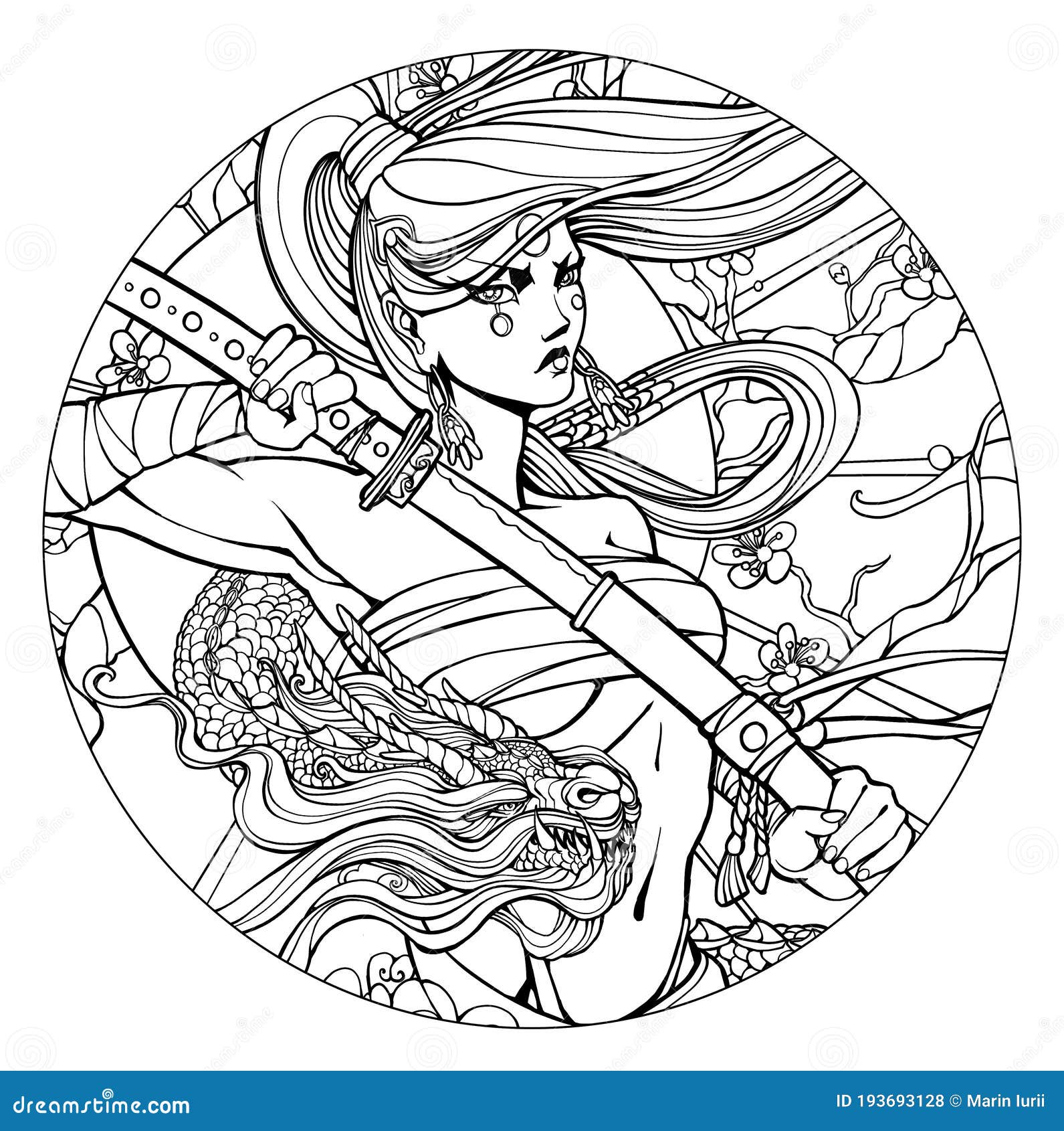 Coloring page for adults female samurai with a katana and a dragon stock illustration