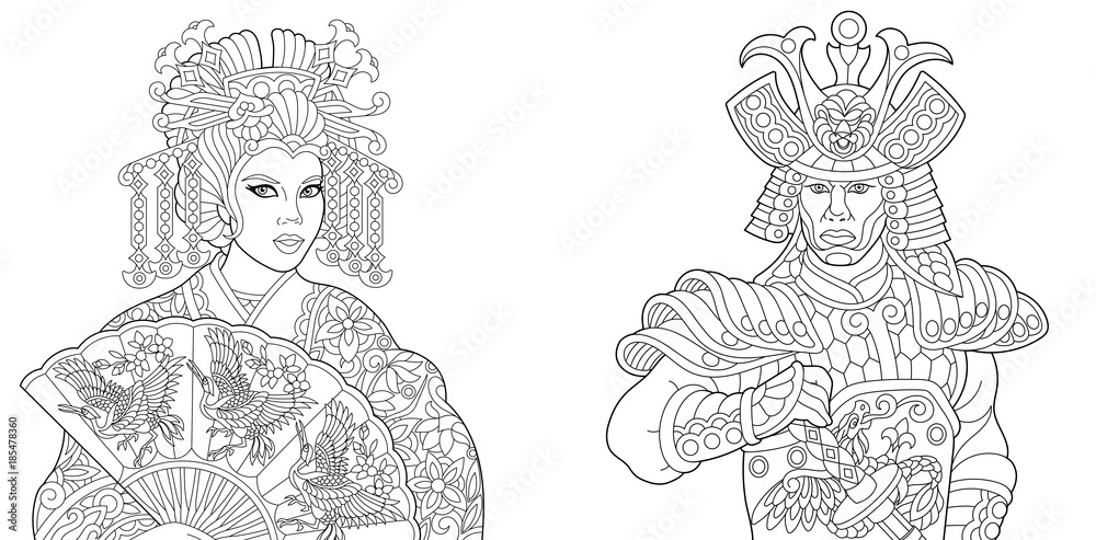 Coloring book coloring page geisha oriental dancing actress holding paper fan with crane birds japanese samurai with katana sword freehand sketch drawing with doodle and zentangle elements vector