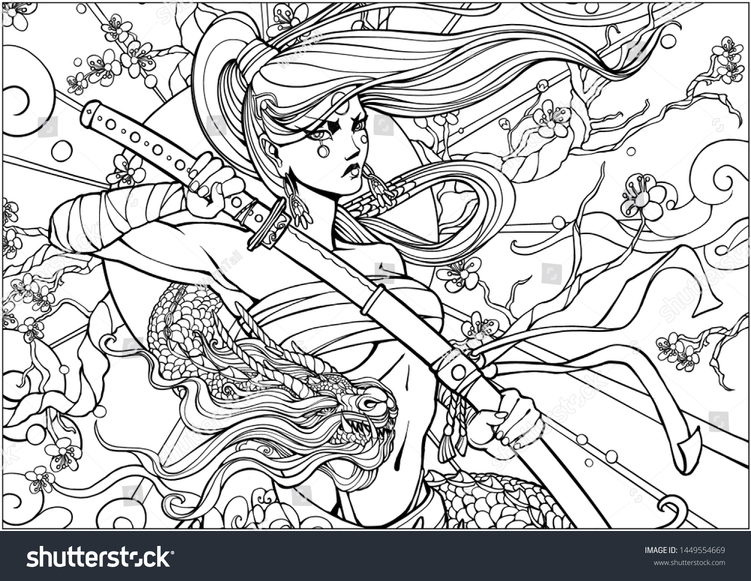 Coloring page adults female samurai katana stock illustration
