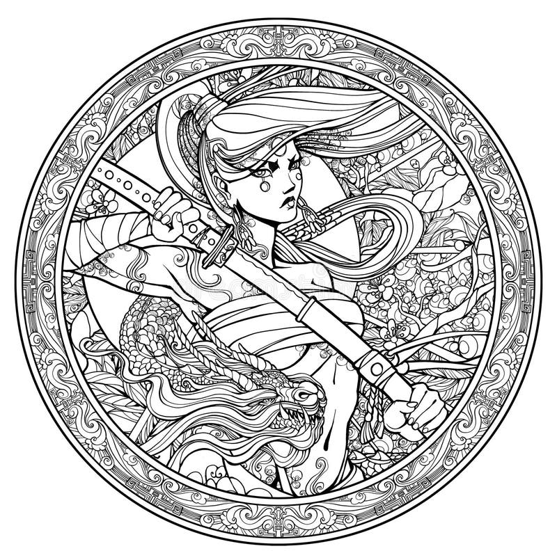 Coloring page for adults female samurai with a katana and a dragon stock illustration