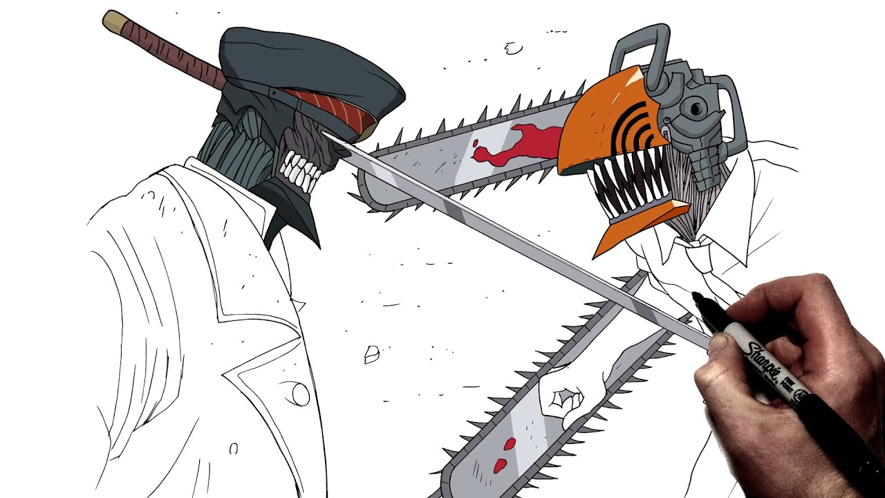 How to draw chainsaw an vs katana an step by step chainsaw an