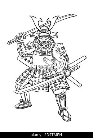 Samurai with japanese sword katana for coloring colouring template for children stock photo