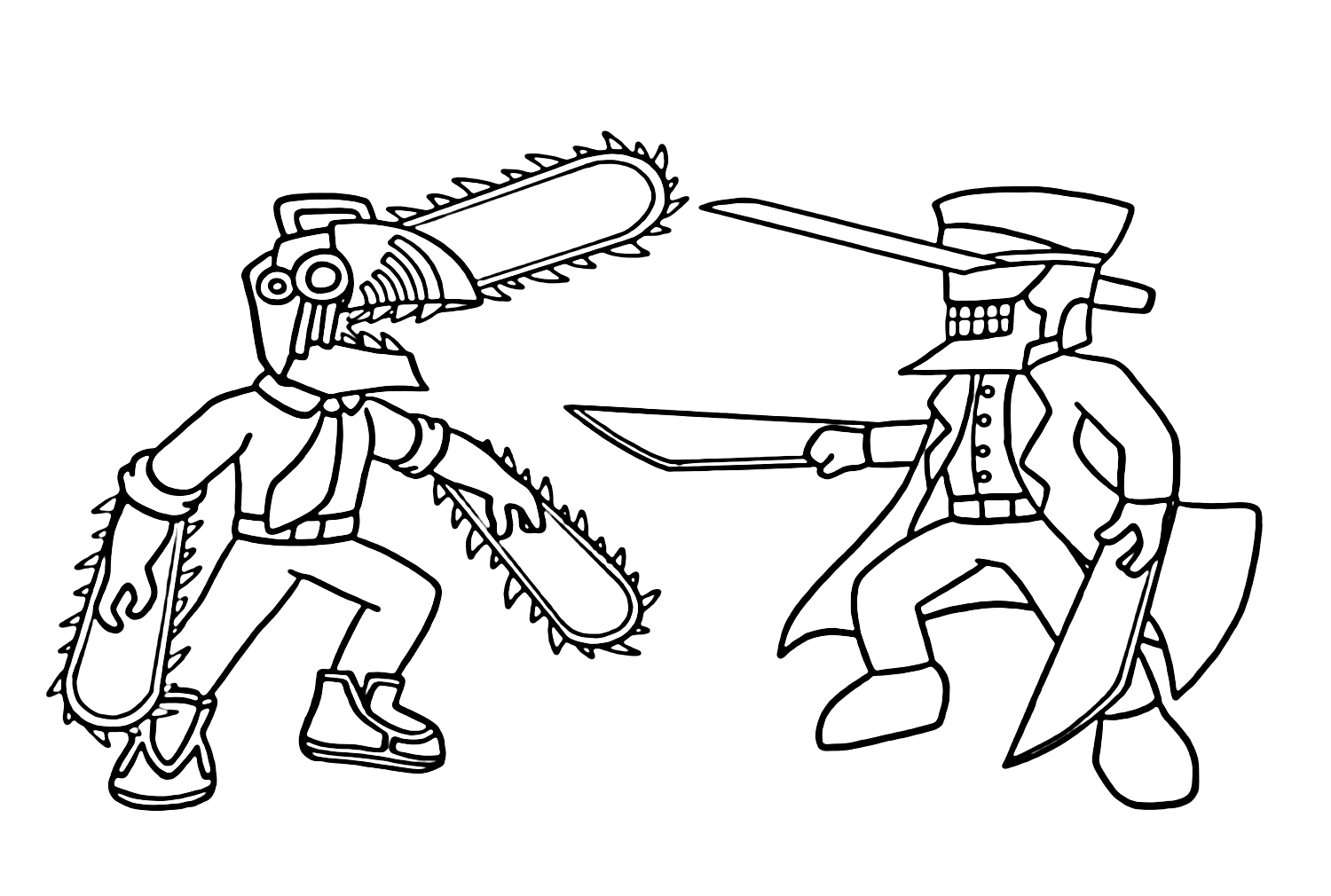 Chainsaw man and katana man coloring page