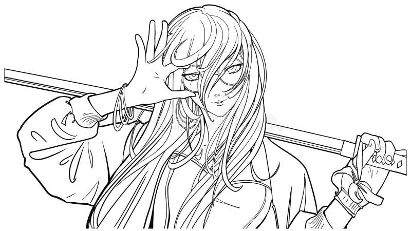 Mature elegant woman with long hair drawn in anime style she is a fighter with a katana in her hand playfully adjusts round stock vector