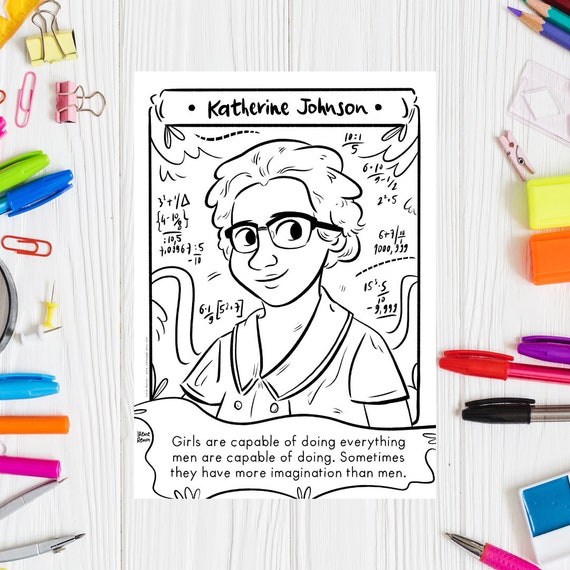Katherine johnson coloring page black history month printable hidden figures women in science stem women black scientist printable drawing