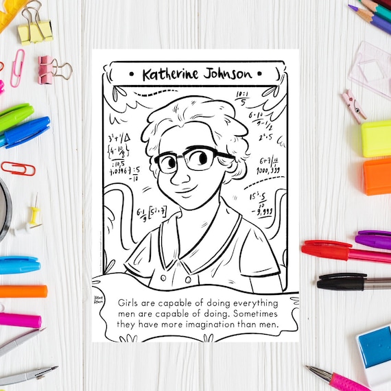 Katherine johnson coloring page black history month printable hidden figures women in science stem women black scientist printable drawing