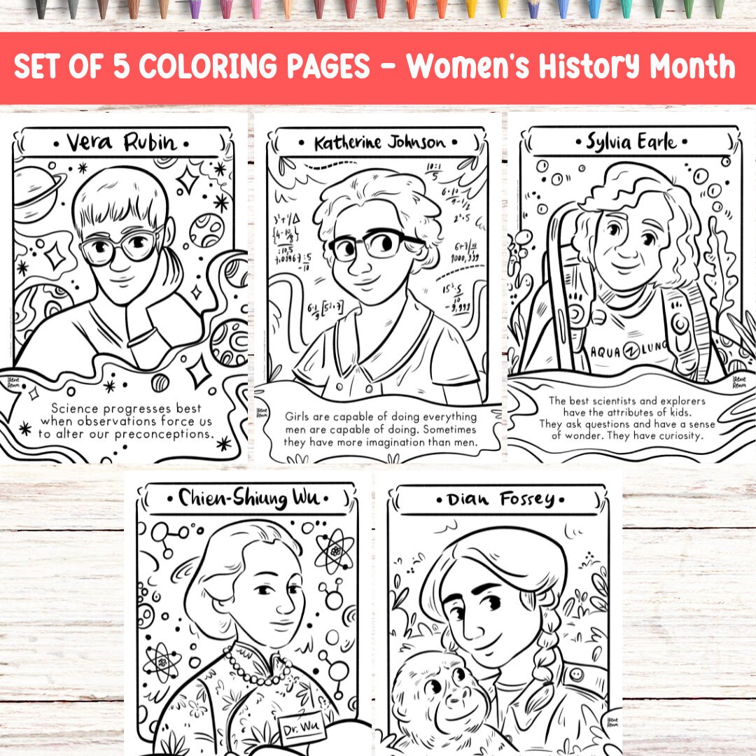 Science coloring page women in science printable drawing stem women history month coloring sheet influential women coloring book for kid
