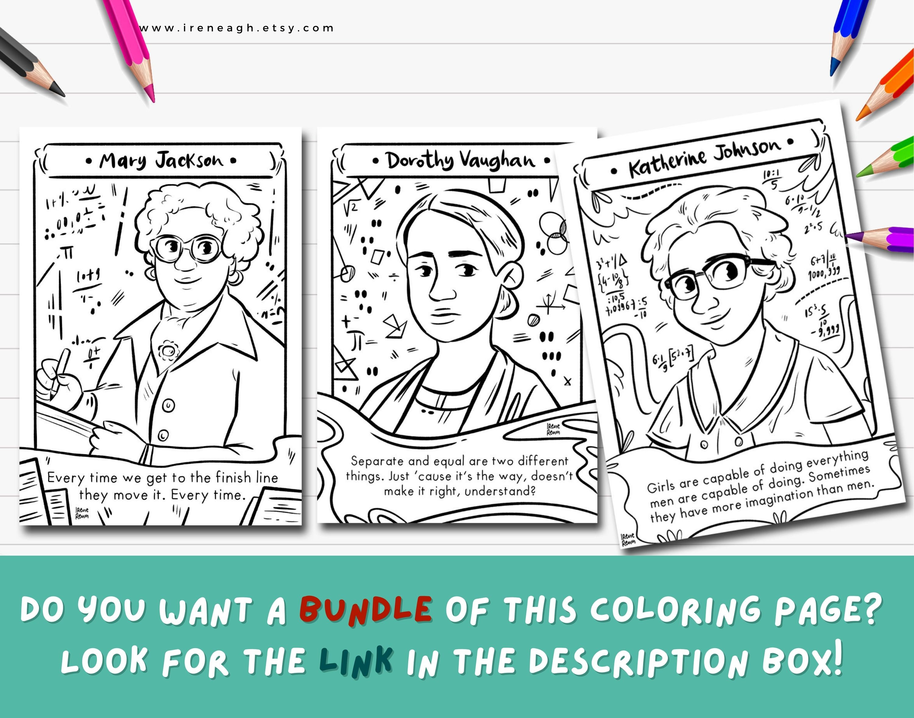 Dorothy vaughan coloring page printable drawing women in science activity black history month women in stem hidden figures coloring sheet