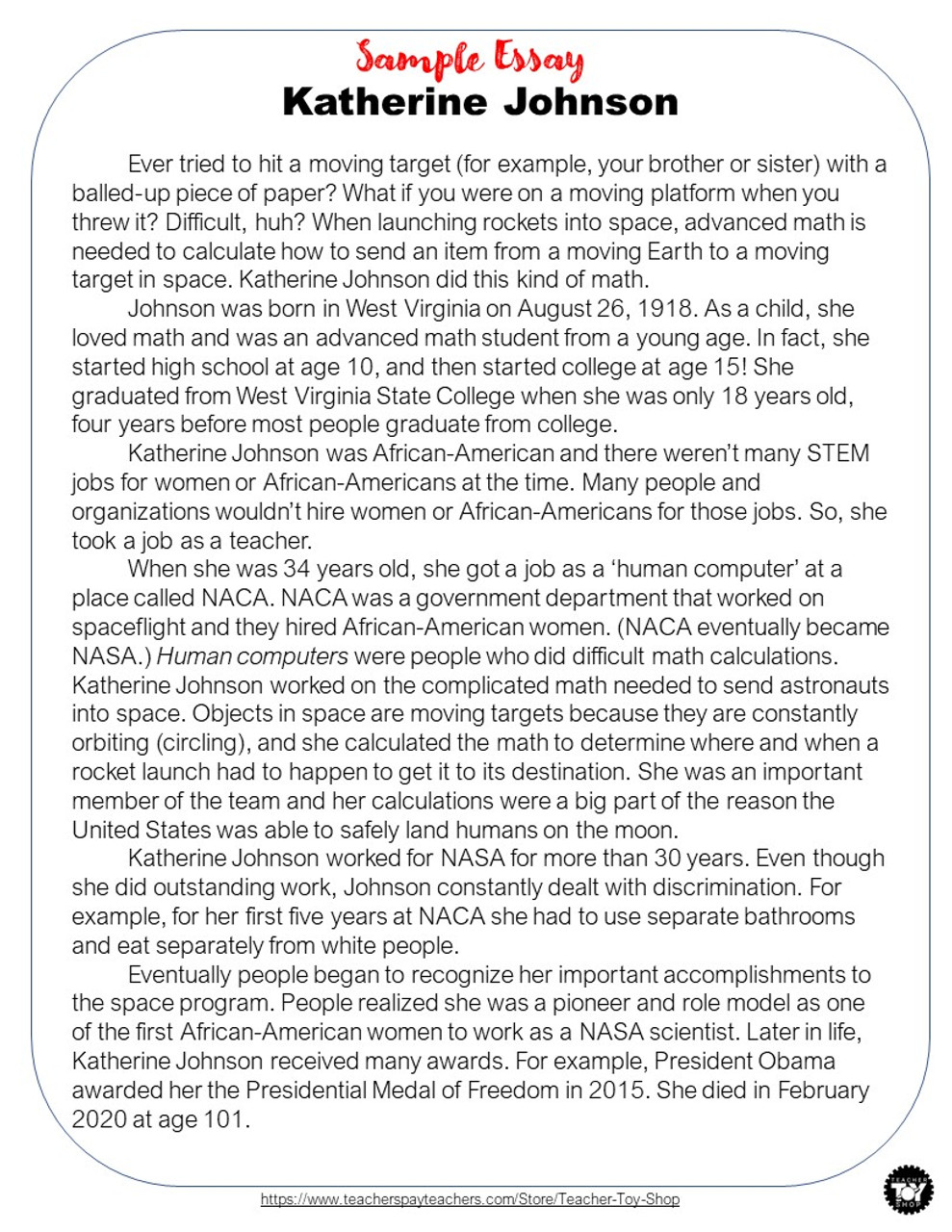 Katherine johnson science writing across the curriculum