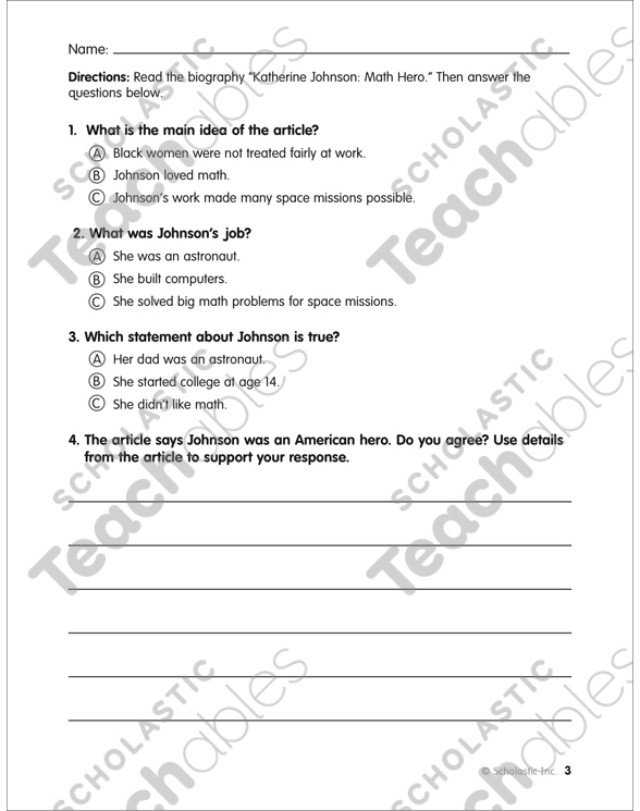 Katherine johnson math hero printable lesson plans and ideas skills sheets