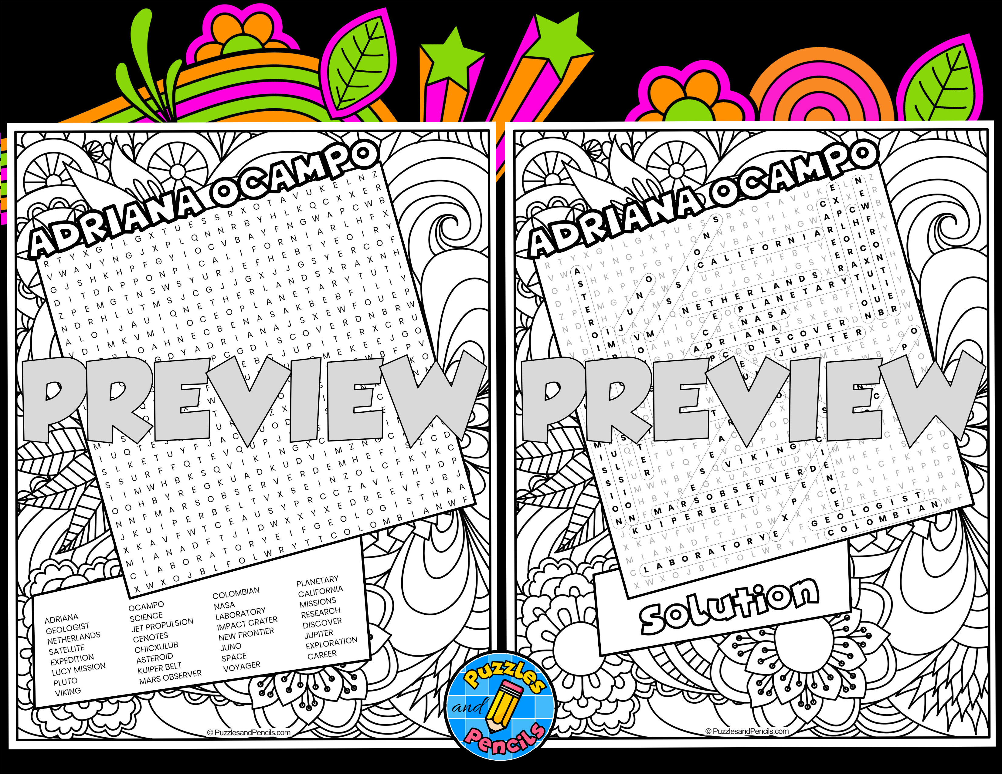Adriana ocampo word search puzzle with colouring women in stem wordsearch teaching resources