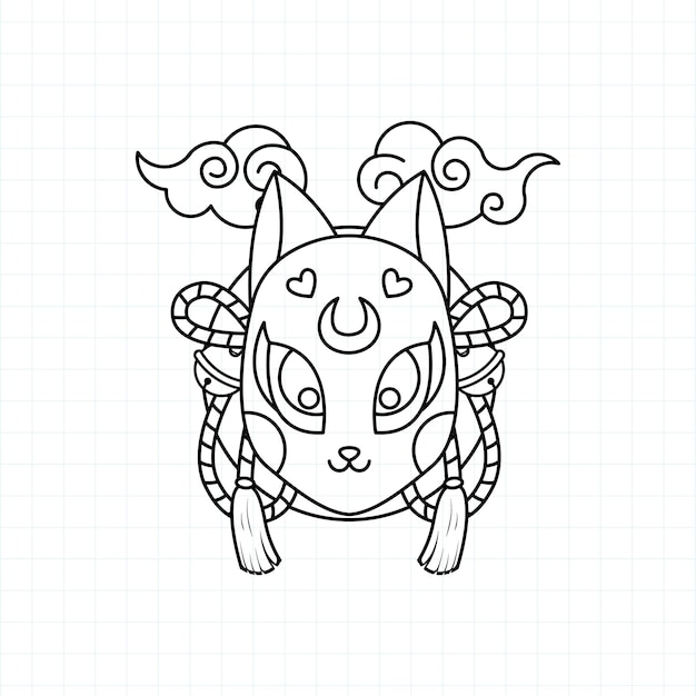Premium vector japanese kitsune mask coloring page vector illustration
