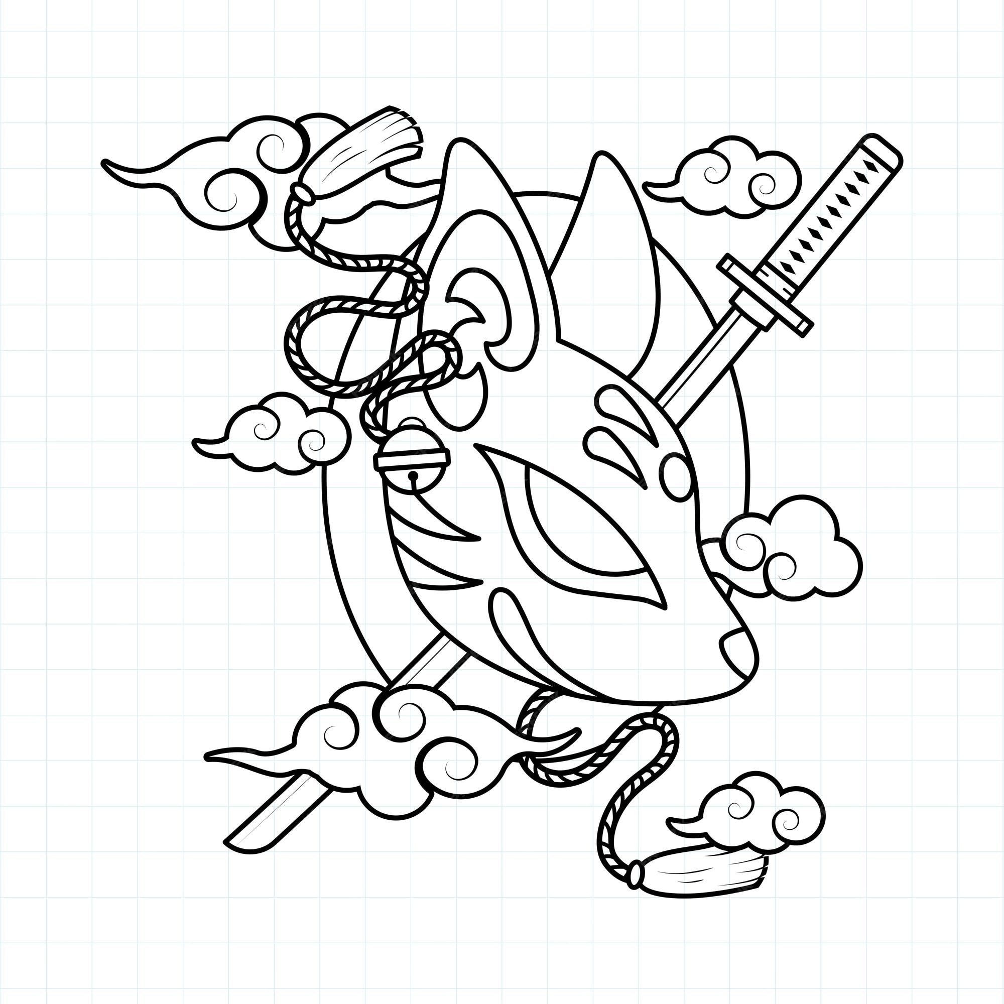 Premium vector japanese kitsune mask coloring page vector illustration
