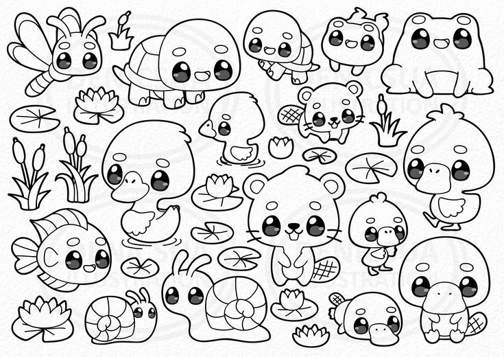 Pond animal clipart cute animal vector kawaii pond creatures family illustration digital download png line clip art sticker printable