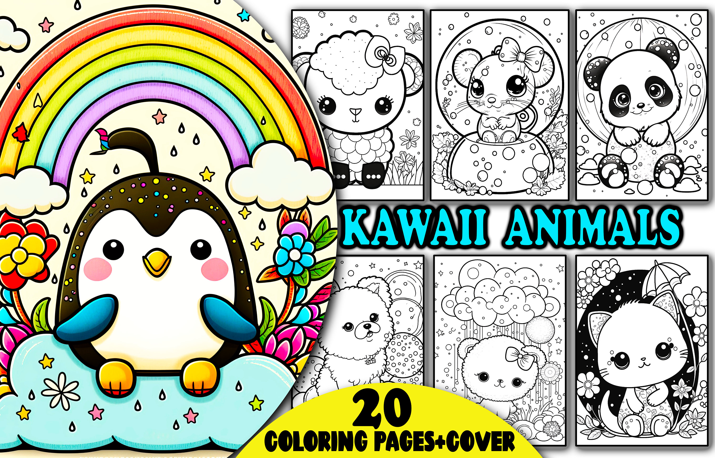 Kawaii world animals coloring pages adults kids teens coloring pages cute kawaii creatures instant download printable pdf sweets