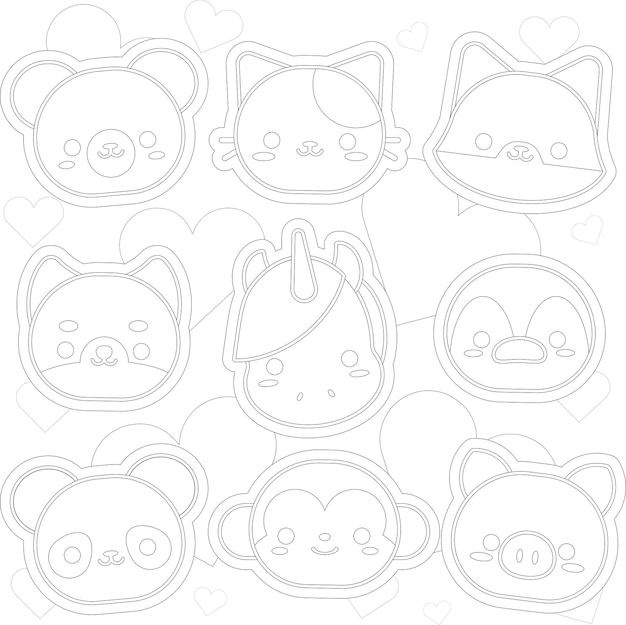 Premium vector cute kawaii animals coloring page