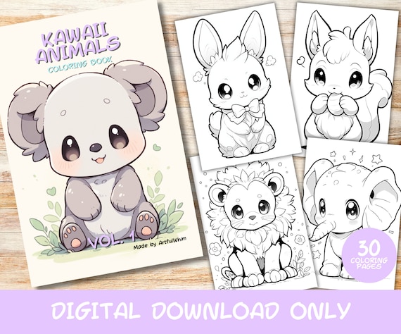 Kawaii animals volume coloring pages book kids adults instant download grayscale coloring page printable pdf cute kawaii animals