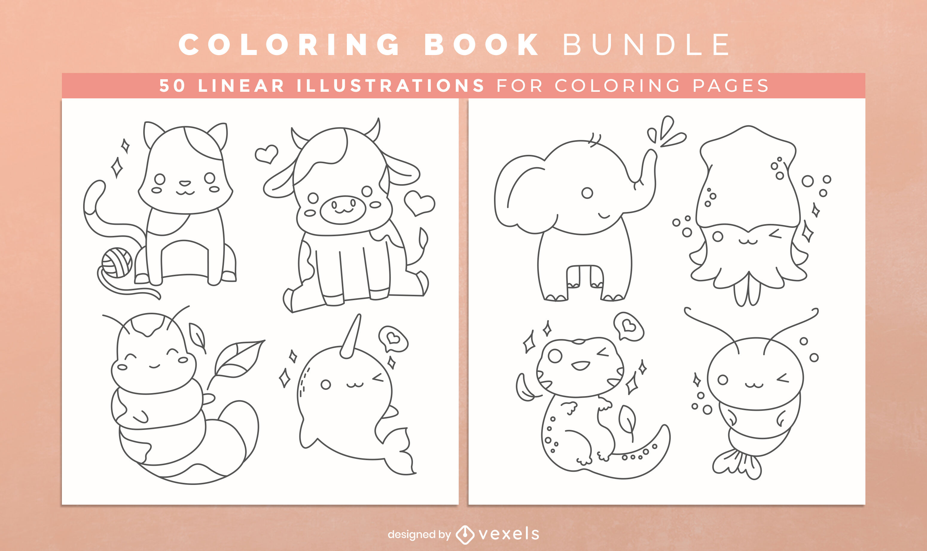 Kawaii animals coloring book pages design vector download
