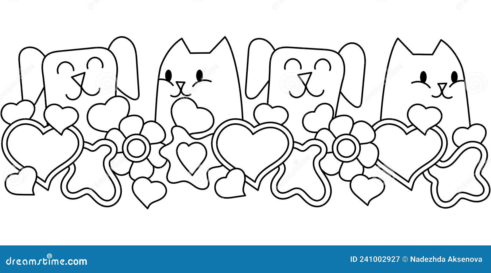 Cute kawaii animals coloring book page pets flowers and hearts horizontal border for greeting card stock illustration