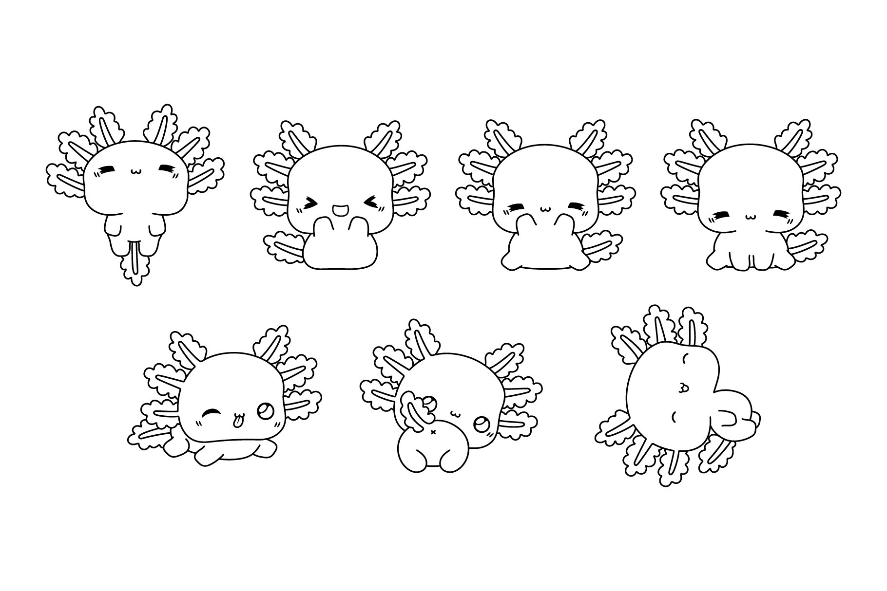 Kawaii axolotl set coloring page