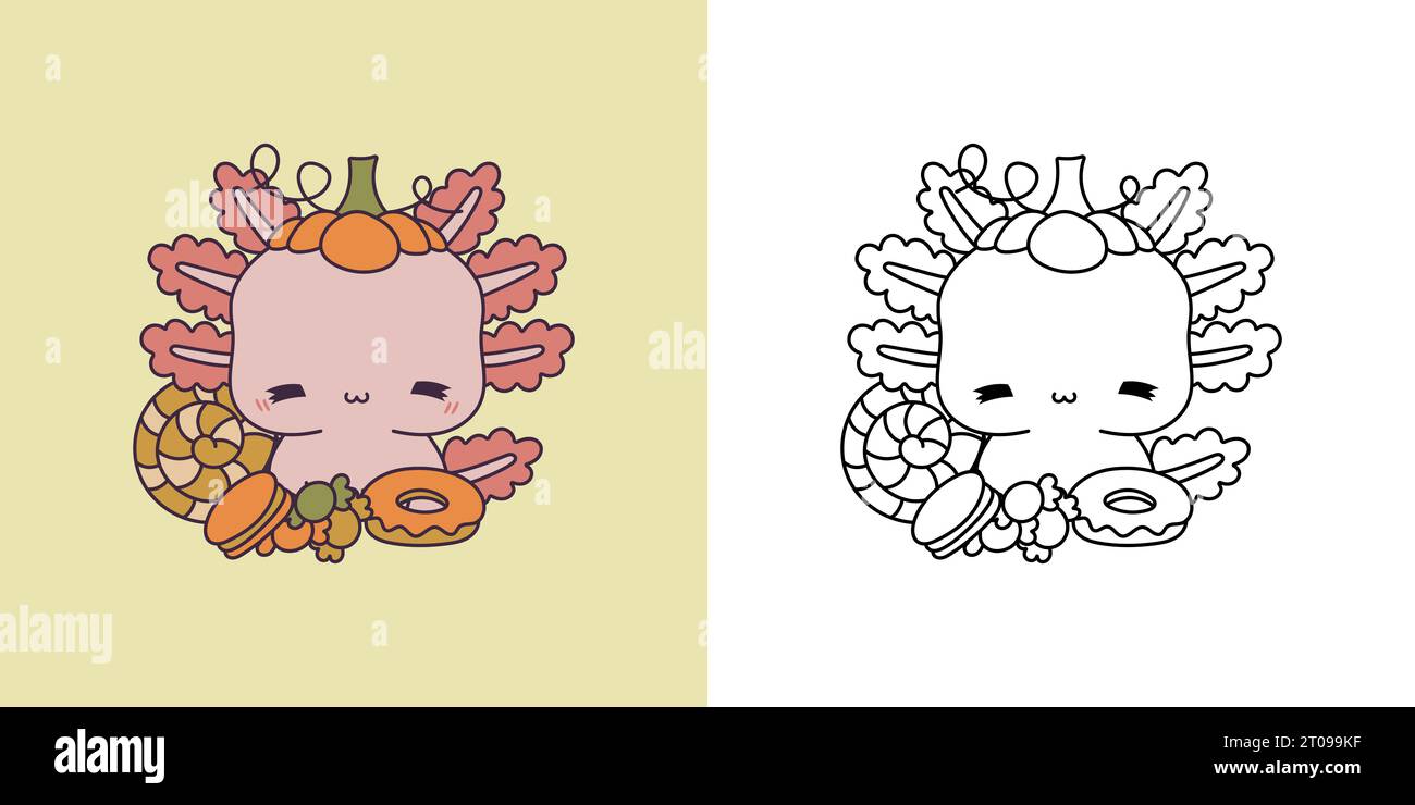 Set clipart halloween axolotl coloring page and colored illustration kawaii halloween salamander stock vector image art