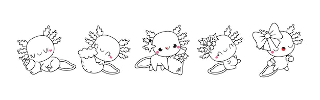 Premium vector set of kawaii christmas axolotl coloring page collection of cute vector christmas animal outline