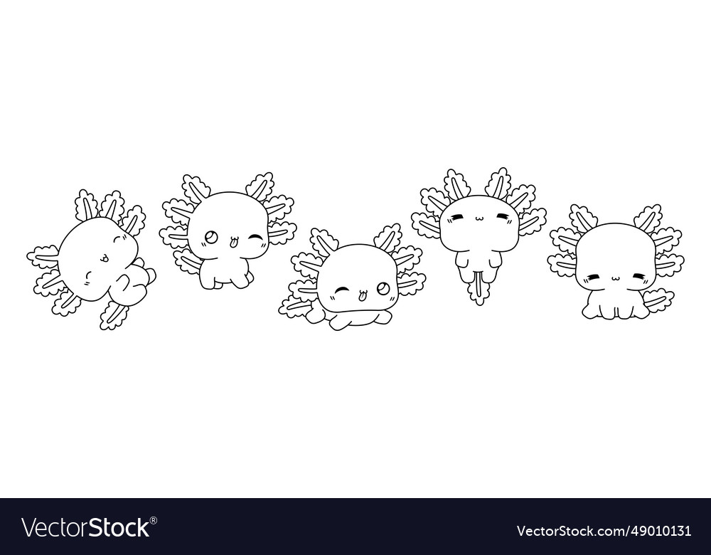 Set of kawaii isolated axolotl coloring page vector image