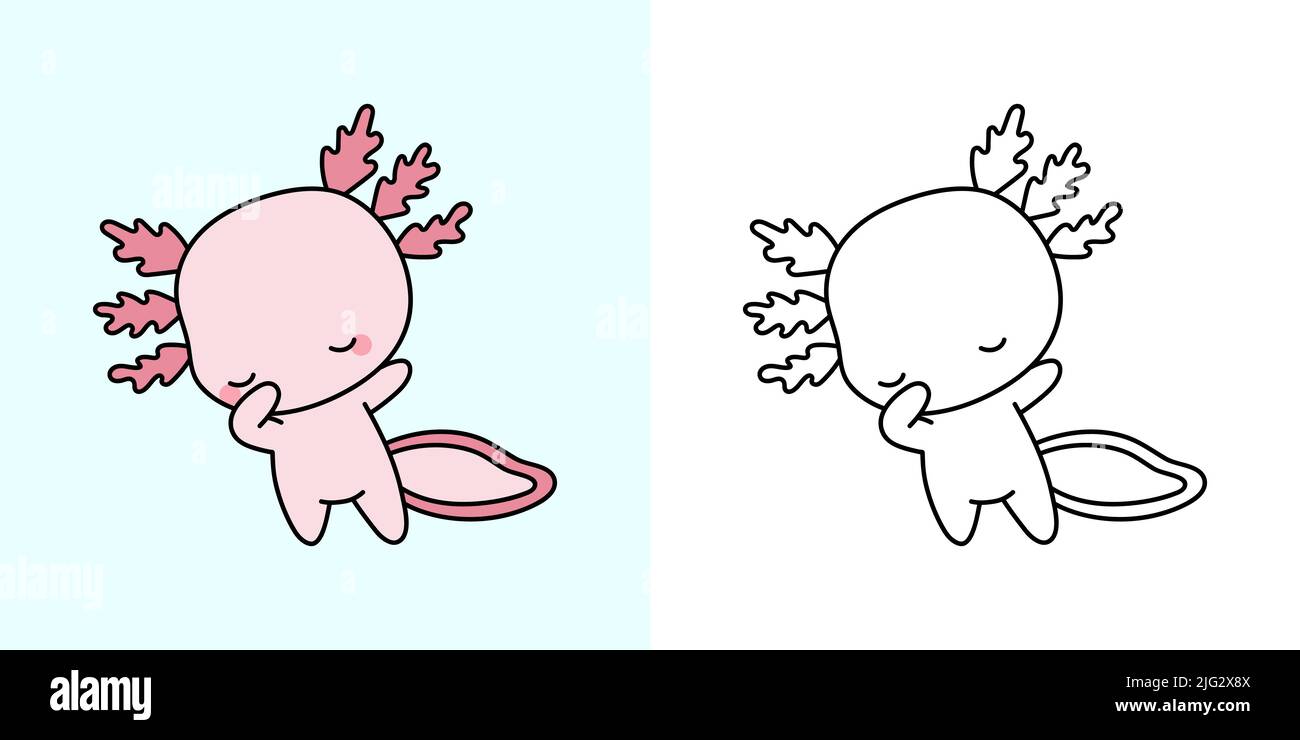 Cute axolotl clipart illustration and black and white funny clip art axolotl vector illustration of a kawaii animal for coloring pages stickers stock vector image art