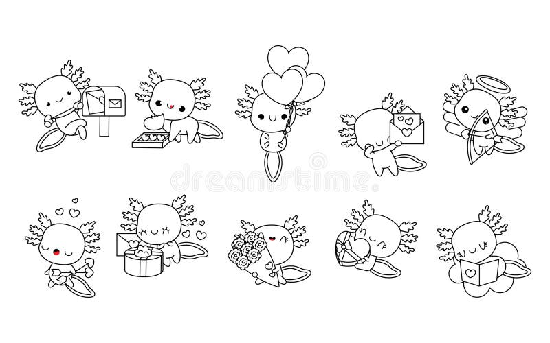 Axolotl a coloring book page cartoon outline picture of playful baby axolotl with colored example stock vector
