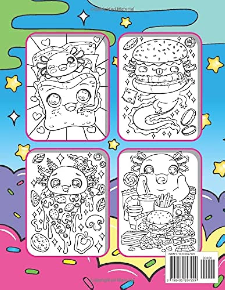 Snaxolotl kawaii axolotl coloring book fun and cute coloring book with hungry axolotl salamanders snacking sweets pizza donuts and other yummy food kawaii coloring pages for adults and kids