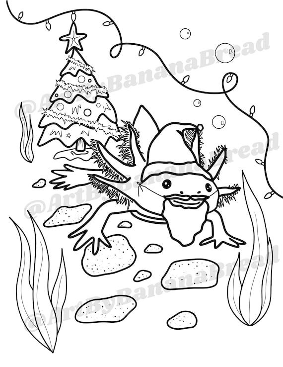 Kawaii axolotl santa christmas printable coloring page instant digital download