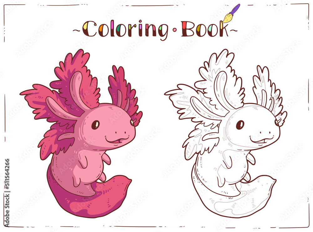 Axolotl a coloring sheet cartoon outline picture of playful baby axolotl with colored example a colouring book page contour illustration for children preschool education home activity for kid vector