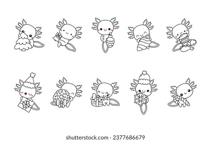 Set kawaii christmas axolotl coloring page stock vector royalty free