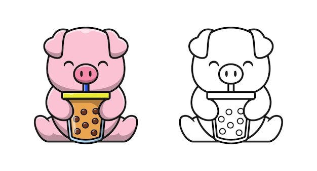 Premium vector cute pig with bubble tea cartoon coloring pages for kids