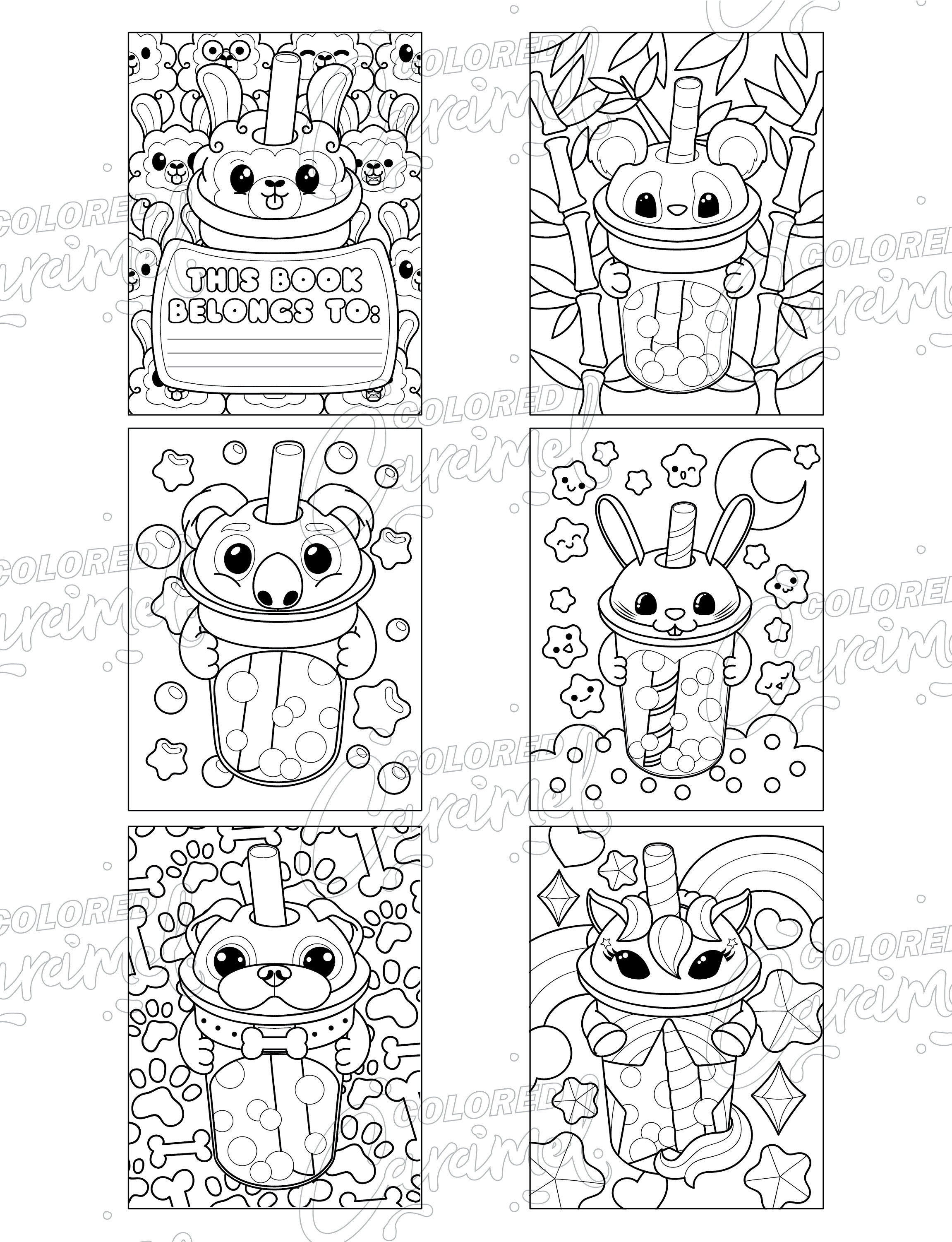 Kawaii bubble tea coloring book printable pdf instant digital download cute and playful colorable pages with animal boba cups to go