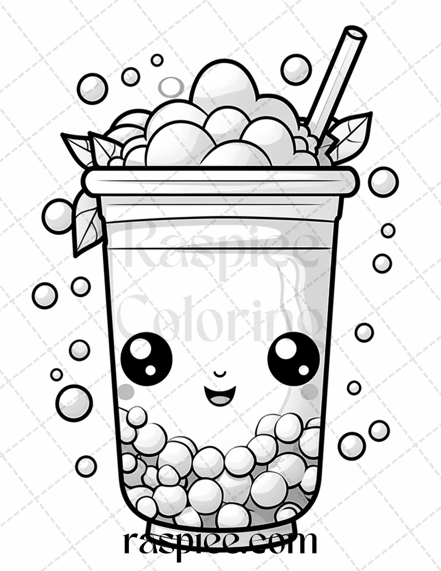 Cute kawaii boba tea grayscale coloring pages for adults and kids â coloring
