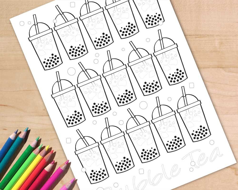 Bubble tea coffee printable coloring pages repetitive pattern boba tea activity sheet digital download for kids adults a and letter