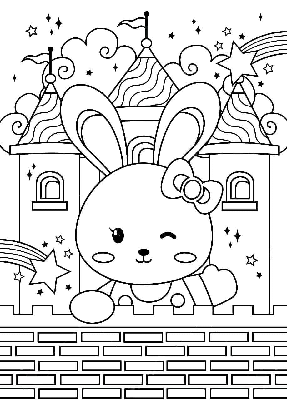 Cute bunny and castle coloring page