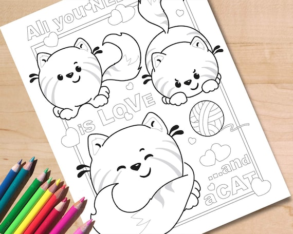 Kawaii cat coloring page printable adult colouring sheet kids activity page