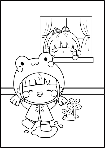 Premium vector a vector of coloring pages of a girl in the rain