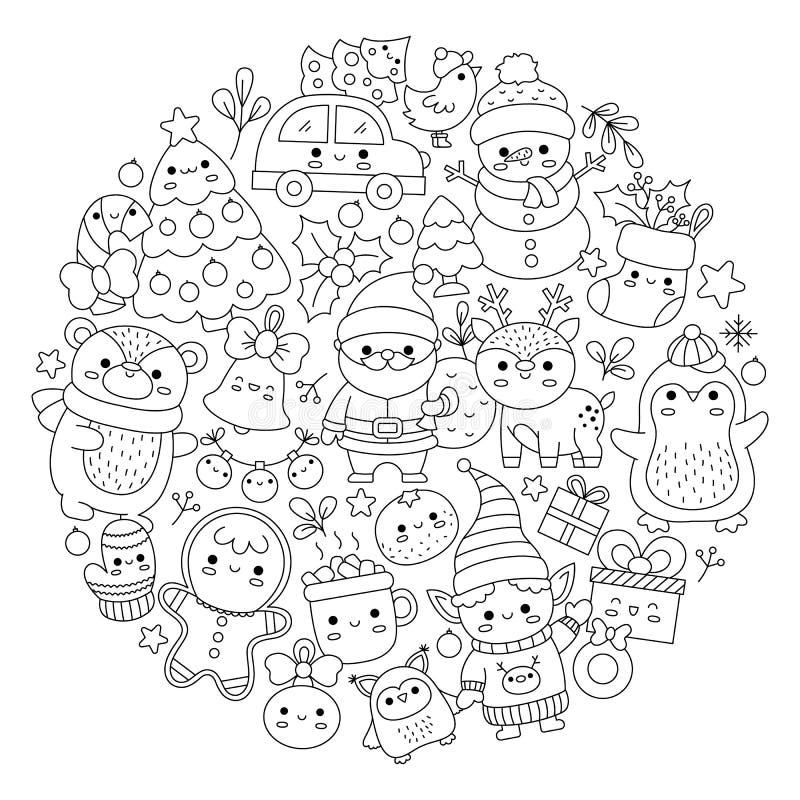 Vector christmas round line coloring page for kids with cute kawaii characters black and white winter or new year holiday stock vector