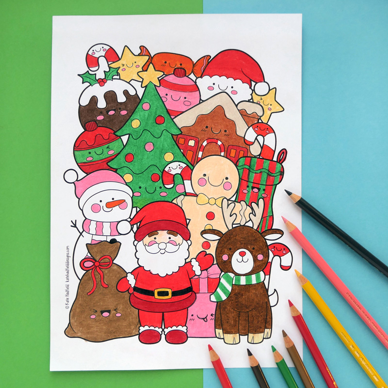 Kawaii christmas colouring page