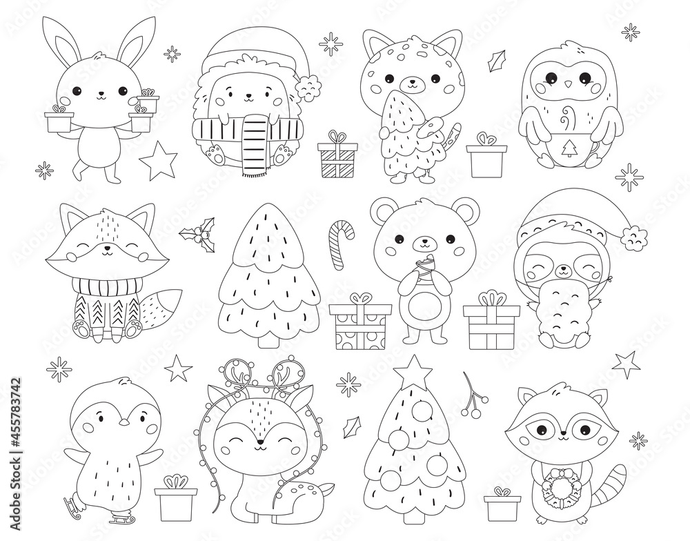 Christmas and new year set with cute animals gifts and sweets coloring page for children kawaii cartoon characters happy new year black and white outline vector illustration vector